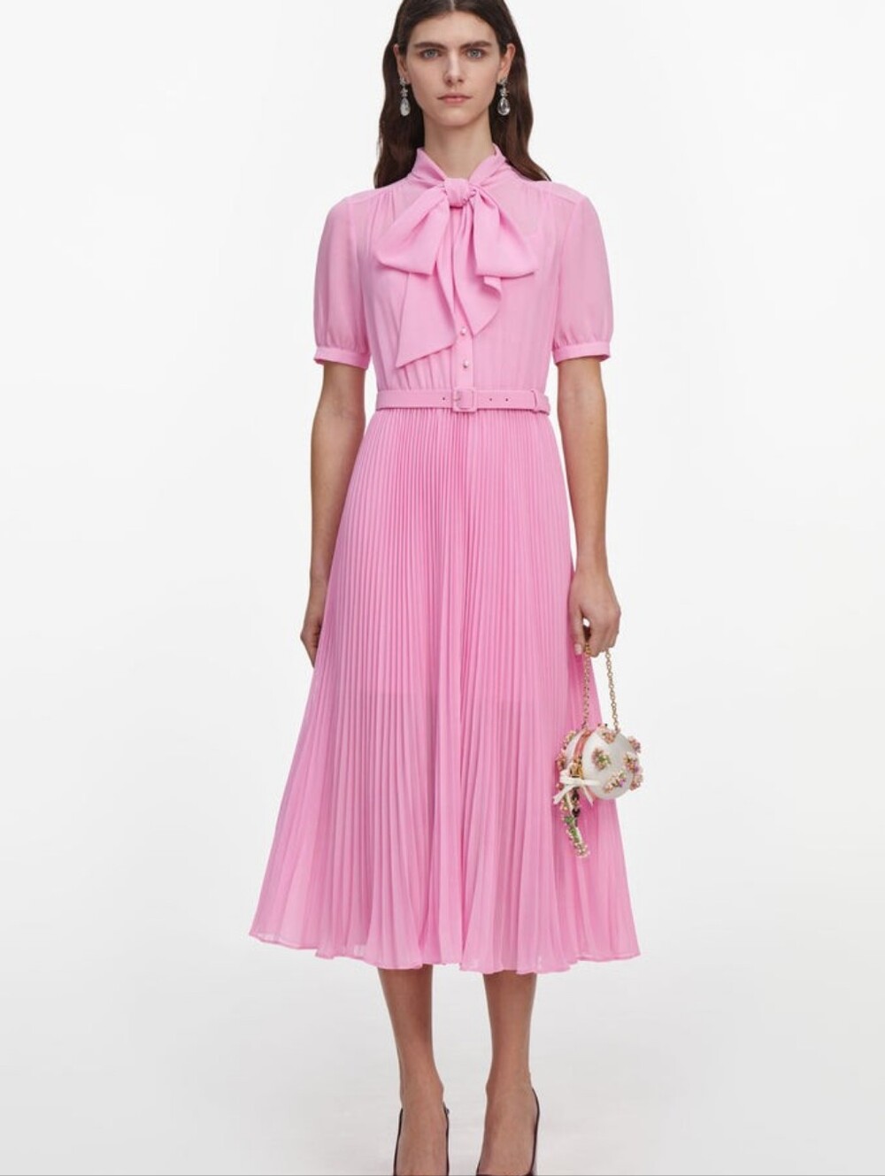 Self Portrait Pink Georgette Tie Neck Midi Dress